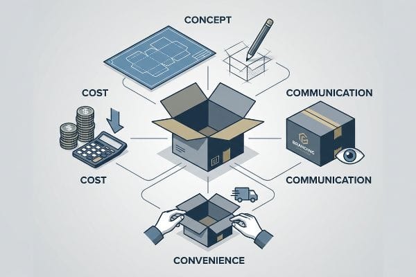 Four C's Packaging Framework Isometric illustration of the Four C's of packaging: Concept, Cost, Communication (G Branding box), and Convenience, around an open box.
