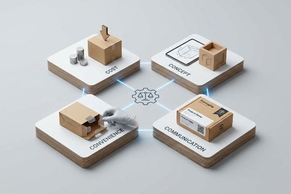 4 C's Packaging Framework Isometric diagram of 4 C's packaging: Cost, Concept, Convenience, Communication, with visuals and central balance icon.