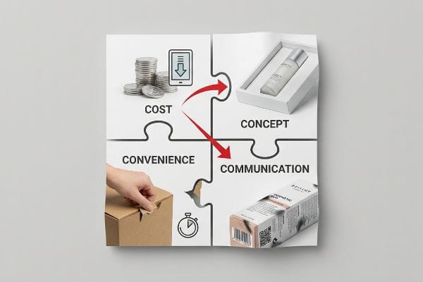 Weiße Puzzleteile veranschaulichen die vier Cs des Verpackungsdesigns: Kosten, Konzept, Komfort, Kommunikation, mit Münzen, einer BELITHY-Kosmetikflasche, einer handlich zu öffnenden Schachtel und einer COSMATIC-Verpackung.