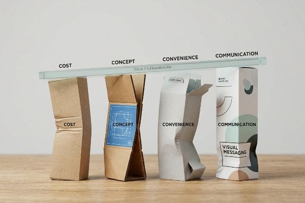 Crumpled brown and white cardboard boxes, labeled Cost, Concept, Convenience, and Communication, support a 'Four C's Framework' bar, illustrating packaging design pillars and Visual Messaging.