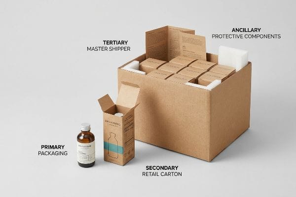 Four Packaging Types Brown cardboard packaging breakdown: Primary Abraham's Elixir No. 1 bottle, Secondary Retail Carton, Tertiary Master Shipper, and Ancillary Protective Components.