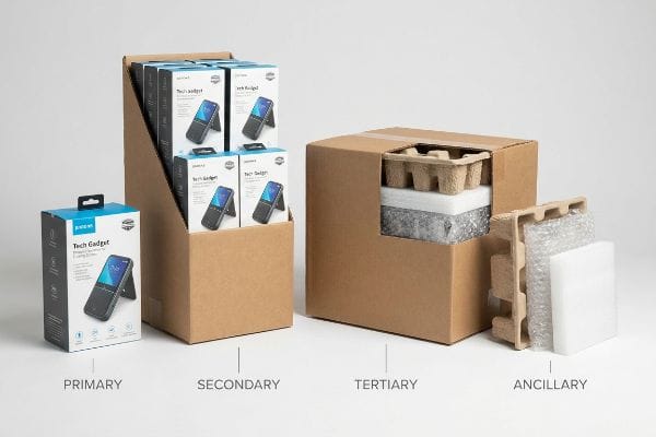 Four Packaging Types Four types of packaging: Primary Tech Gadget box, Secondary display carton, Tertiary shipping box, and Ancillary protective materials.