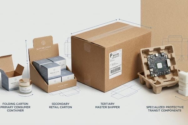 Four packaging types: Skincare Cream primary, secondary retail, tertiary shipper, and specialized transit components.