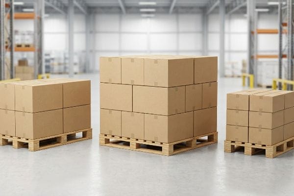 Brown cardboard boxes stacked on wooden pallets in a brightly lit warehouse, demonstrating standard box dimensions for efficient logistics.