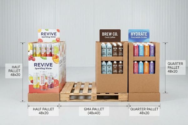 Brown cardboard displays for Revive Sparkling Water, Brew Co. Cold Coffee, and Hydrate Electrolyte Drinks, arranged as half and quarter pallets on a GMA pallet (48x40).