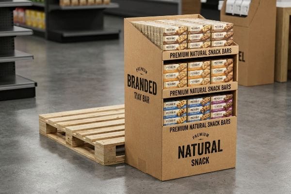 "Snack Bar Floor Display") Display?" Corrugated cardboard fractional pallet display featuring Premium Natural Snack Bars and "Premium Branded Tray Bar" text, beside a wooden pallet.