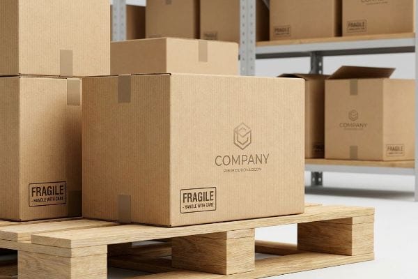 Um cenário de armazém apresenta caixas de cartão personalizadas, uma delas exibindo em destaque a inscrição "Frágil - Manusear com Cuidado" numa palete de madeira, com mais caixas em prateleiras de metal.