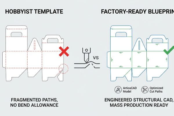 Hobbyist vs Factory Blueprint A side-by-side comparison illustrates a Hobbyist Template with Fragmented Paths and No Bend Allowance versus a Factory-Ready Blueprint with Engineered Structural CAD and Optimized Cut Paths.