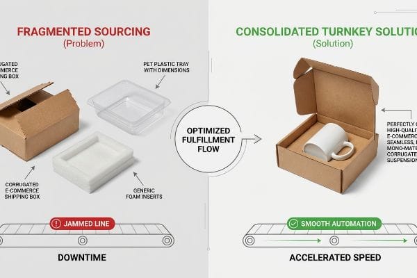 Turnkey Packaging Solution Corrugated boxes, PET trays, foam inserts show fragmented sourcing, jammed lines. Mono-material corrugated suspension offers smooth automation.