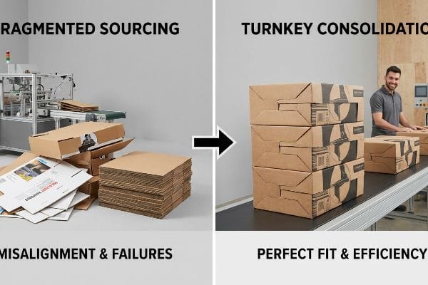 Brown cardboard pieces and machine show Fragmented Sourcing; uniform boxes on conveyor depict Turnkey Consolidation.