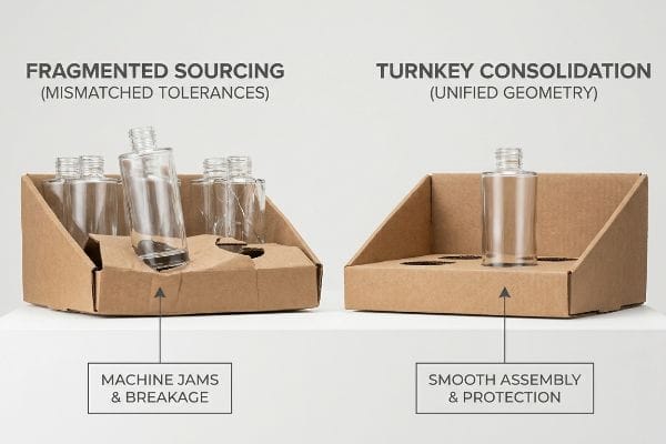 Brown corrugated trays contrast Fragmented Sourcing (Mismatched Tolerances) causing machine jams for glass bottles, with Turnkey Consolidation (Unified Geometry) for smooth assembly.