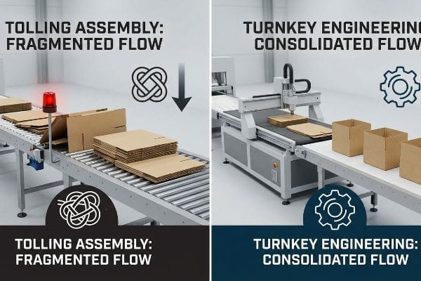A red warning light illuminates stacks of flat, unassembled cardboard shipping boxes on a roller conveyor, illustrating a fragmented tolling assembly flow.