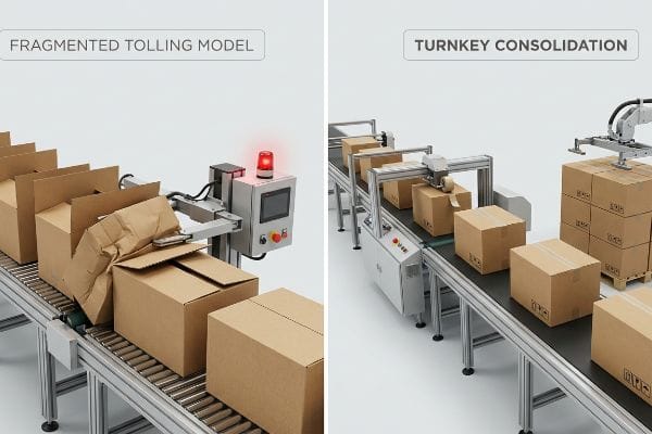 Damaged cardboard boxes jam a Fragmented Tolling Model conveyor, contrasting with smooth Turnkey Consolidation featuring automated taping and robotic stacking.