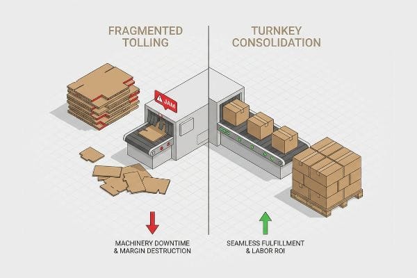 Fragmented vs Turnkey Boxes A visual comparison of cardboard box assembly: Fragmented Tolling shows a machine jam, scattered materials, and Machinery Downtime, contrasted with Turnkey Consolidation's seamless fulfillment and Labor ROI.
