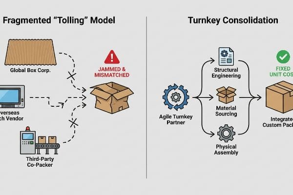 Tolling vs Turnkey The Fragmented Tolling Model shows jammed and mismatched components, contrasted with Turnkey Consolidation by an Agile Turnkey Partner delivering an Integrated Custom Pack with Fixed Unit Cost.