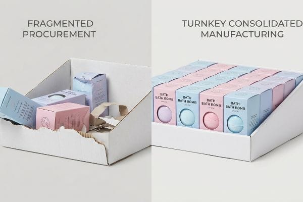 Fragmented vs Turnkey White corrugated display contrasts 'Fragmented Procurement' with loose bath bomb boxes and 'Turnkey Consolidated Manufacturing' with neat bath bomb retail displays.