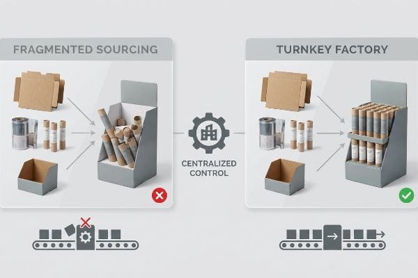 Fragmented sourcing results in disorganized display case assembly, contrasted with a turnkey factory's centralized control ensuring efficient, organized packaging.