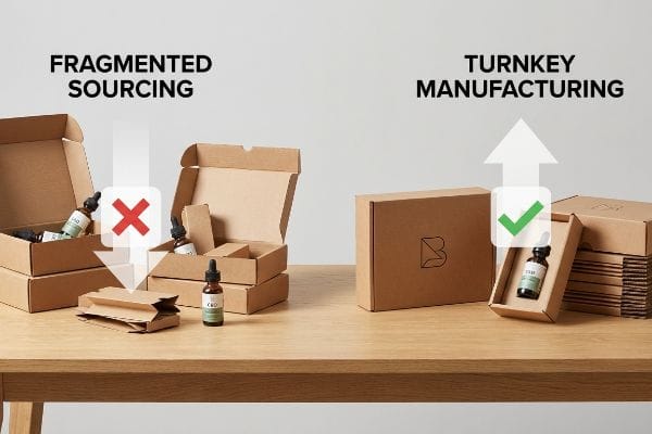 Turnkey vs Fragmented Sourcing Brown corrugated boxes illustrate the contrast between Fragmented Sourcing (red X) and Turnkey Manufacturing (green check) for CBD packaging assembly.