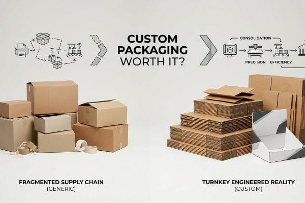 Custom Packaging Worth It? A visual comparison contrasting a "Fragmented Supply Chain (Generic)" with various brown cardboard boxes and tape, against a "Turnkey Engineered Reality (Custom)" featuring neatly stacked flat-pack corrugated displays, asking "Custom Packaging Worth It?".