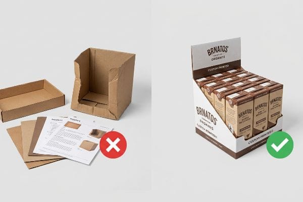 Fragmented sourcing (unassembled cardboard, red X) vs. Brnatos Organics Custom Printed display box (green check).