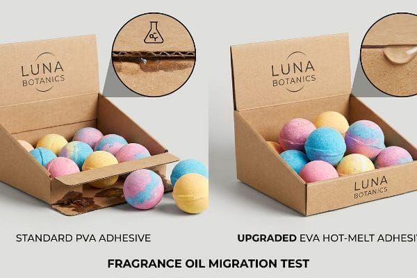 Fragrance Oil Migration Test Kraft display boxes for Luna Botanics bath bombs, showing PVA adhesive failure with oil migration vs. secure EVA hot-melt adhesive.