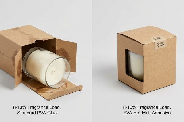 PVA EVA接着剤テスト 着色されたクラフトボックスは、8~10%の香料含有量で標準的なPVA接着剤が剥がれることを示しています。一方、EVAホットメルト接着剤を使用したボックスはしっかりと固定されています。.