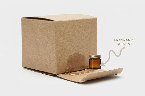 Fragrance Solvent Migration Amber bottle spilling Fragrance Solvent onto a kraft paper box, demonstrating liquid migration and adhesive failure.