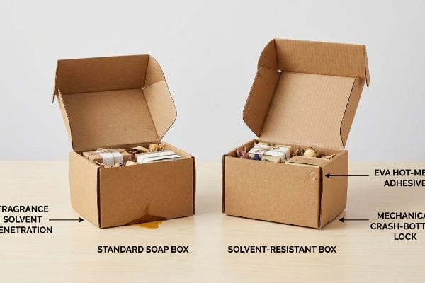 Solvent-Resistant Box Comparison Standard Soap Box: Fragrance Solvent Penetration. Solvent-Resistant Box: Eva Hot-Melt Adhesive, Mechanical Crash-Bottom Lock.