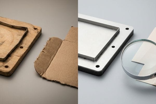 Tooling Quality Comparison Warped wooden steel rule die and frayed cardboard contrasted with a precise metal die and clean-cut paper, showing tooling quality.