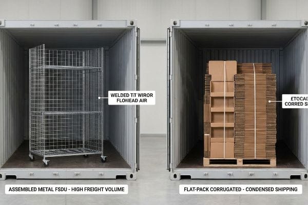 Freight Density Comparison An assembled metal FSDU, labeled 'Welded T T Wiror Flonead Air', in a shipping container, contrasted with flat-pack corrugated displays, showing 'High Freight Volume' vs 'Condensed Shipping'.