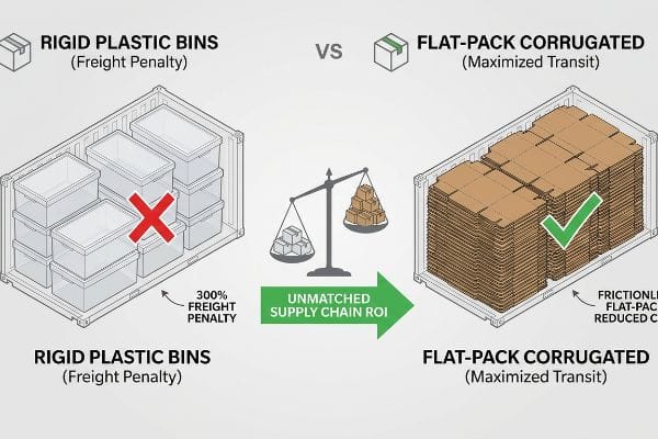 Infographic comparing rigid plastic bins with a 300% Freight Penalty in a shipping container versus efficient Flat-Pack Corrugated for Unmatched Supply Chain ROI.