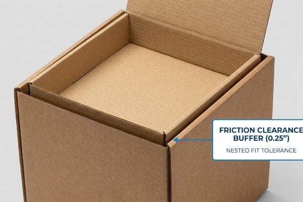 Nested Friction Clearance Buffer Brown corrugated cardboard boxes demonstrating a Friction Clearance Buffer (0.25") for Nested Fit Tolerance, showing the gap between nested packaging.