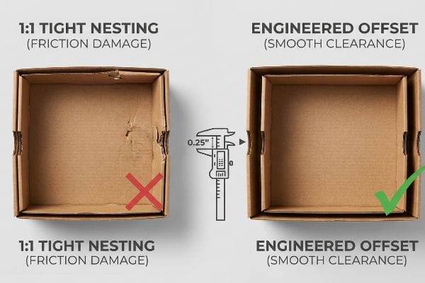 Brown corrugated boxes demonstrate 1:1 Tight Nesting with Friction Damage (red X) versus Engineered Offset (0.25" smooth clearance, green checkmark) for optimal fit.
