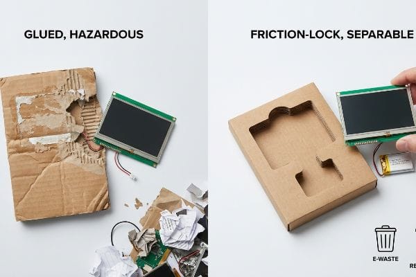 Easy E-Waste Separation Glued, Hazardous LCD screen in ripped cardboard vs. Friction-Lock, Separable screen in clean insert, showing easy e-waste separation.