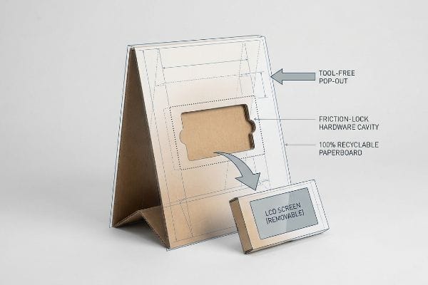 Recyclable Smart Display Design 100% Recyclable Paperboard display shows Friction-Lock Hardware Cavity, Tool-Free Pop-Out for LCD Screen.