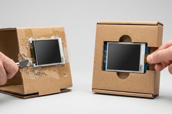 Brown corrugated carton showing a glued LCD screen being cut out versus a cleanly extracted friction-lock LCD display.