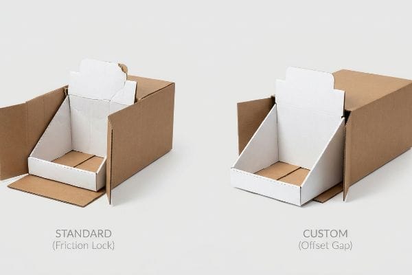 Two brown corrugated boxes, one labeled Standard (Friction Lock) and the other Custom (Offset Gap), showcasing different nested display tray designs.
