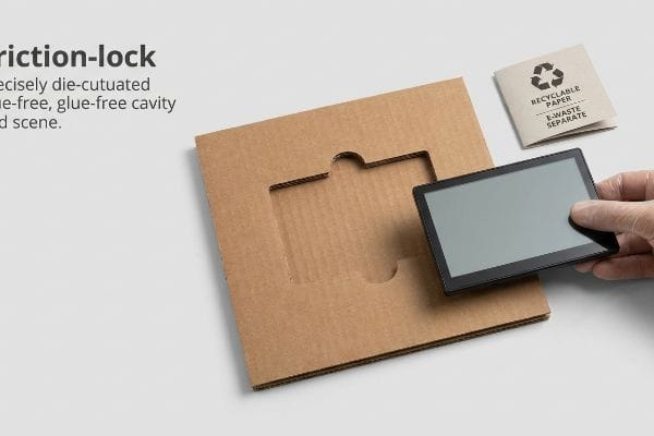 波型の摩擦ロック式収納部、黒いデジタルスクリーンを挿入する手、そして「リサイクル可能な紙製電子廃棄物分別」カード。.