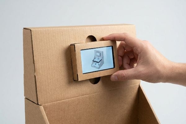 Hand inserting embedded video player into a corrugated display's friction-lock die-cut cavity for tool-less extraction.