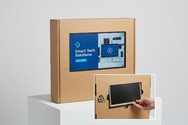 Interactive Screen Packaging Removal Brown corrugated interactive packaging with an embedded LCD screen displaying "Smart Tech Solutions", and an inset showing a hand removing the screen for e-waste compliance.