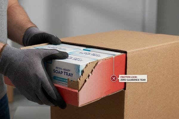 Torn red side panel of a Retail-Ready Soap Tray being pulled from a master shipping carton by gloved hands, highlighting a Friction Lock: Zero Clearance Tear.
