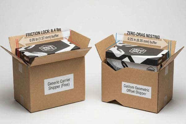 Generic shipper: 8.4 lbs Friction Lock, 0.05 in buffer. Custom offset shipper: Zero-Drag Nesting, 0.25 in buffer.