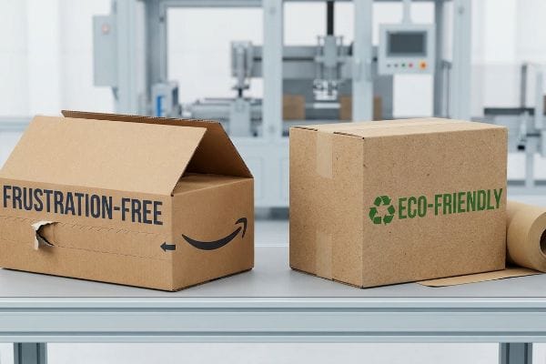 Factory line displays Amazon Frustration-Free and Eco-Friendly cardboard boxes, emphasizing packaging sustainability.