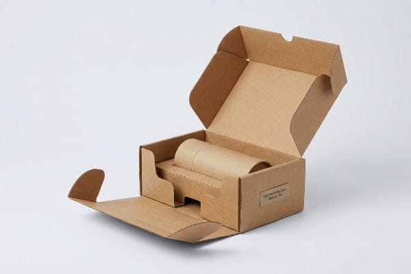 Kraft corrugated board packaging featuring an open box with a pre-glued modular tray securing a paper tube, labeled Frustration-Free Packaging.