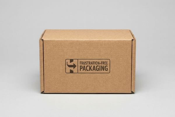 Brown corrugated cardboard box featuring the 'Frustration-Free Packaging' logo, indicating SIOC compliance.