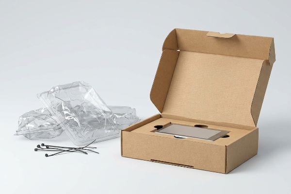 Exemple d'emballage sans frustration Boîte d'emballage en carton ondulé brun, facile à ouvrir, contenant un appareil, à côté de boîtes à clapet en plastique transparent et de colliers de serrage noirs.