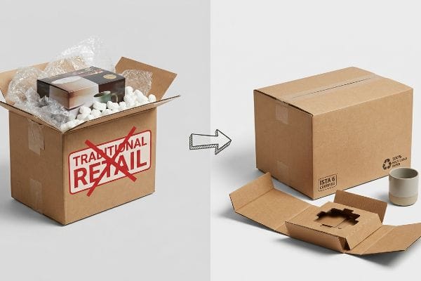 Cardboard boxes contrasting Traditional Retail packaging with bubble wrap and peanuts against ISTA 6 Certified, 100% Recyclable Paper frustration-free packaging.