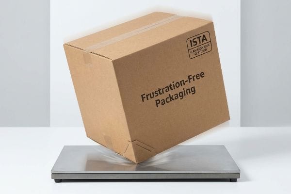 Brown corrugated cardboard box, marked "Frustration-Free Packaging" and "ISTA 6-Amazon SIOC Certified", shown mid-bounce on a metal scale, simulating a packaging drop test.