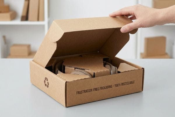 Brown corrugated box with a hand opening the lid, revealing custom Frustration-Free Packaging and 100% Recyclable inserts for headphones, featuring a recycling symbol.
