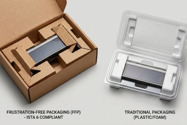 段ボール製のインサートが、Ista 6準拠と表示された、開封しやすい包装箱の中に製品をしっかりと固定しています。.